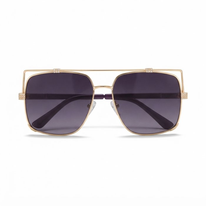 Oversized Gold-Tone Flat-Top Sunglasses with Crystal Embellishments and Dark Lenses