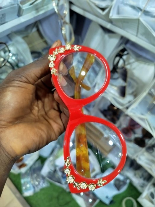 Gucci Square-Frame Red Acetate Glasses with Floral Crystal Embellishments