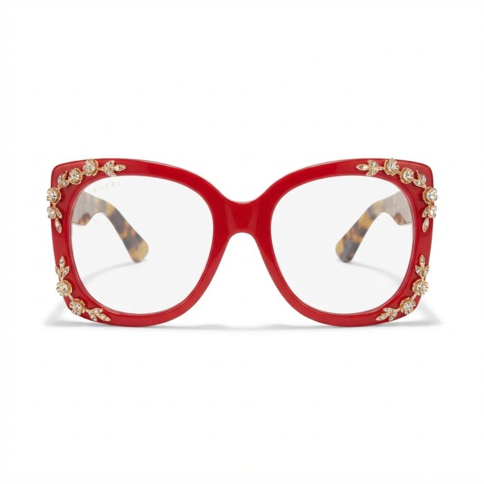 Gucci Square-Frame Red Acetate Glasses with Floral Crystal Embellishments
