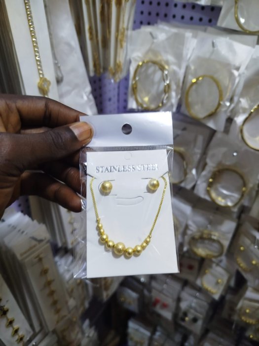 Stainless Steel Gold-Tone Graduated Ball Necklace and Earring Set