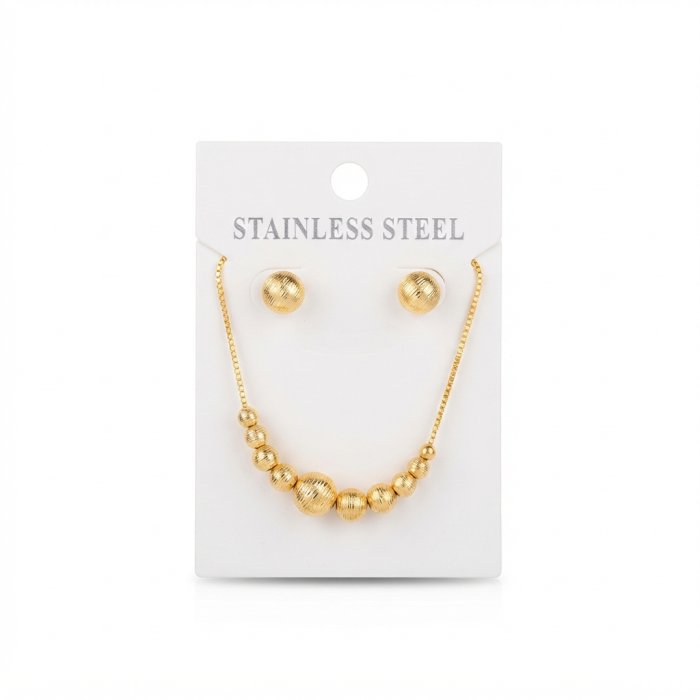 Stainless Steel Gold-Tone Graduated Ball Necklace and Earring Set