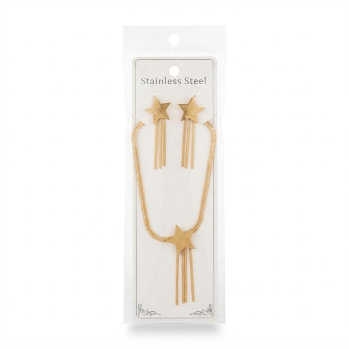 Stainless Steel Gold Jewelry Set with Star Pendant and Tassel Earrings