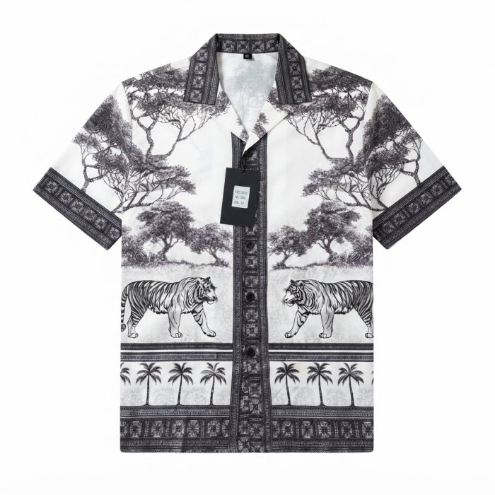 Tiger and Palm Tree Print Short-Sleeve Button-Up Shirt