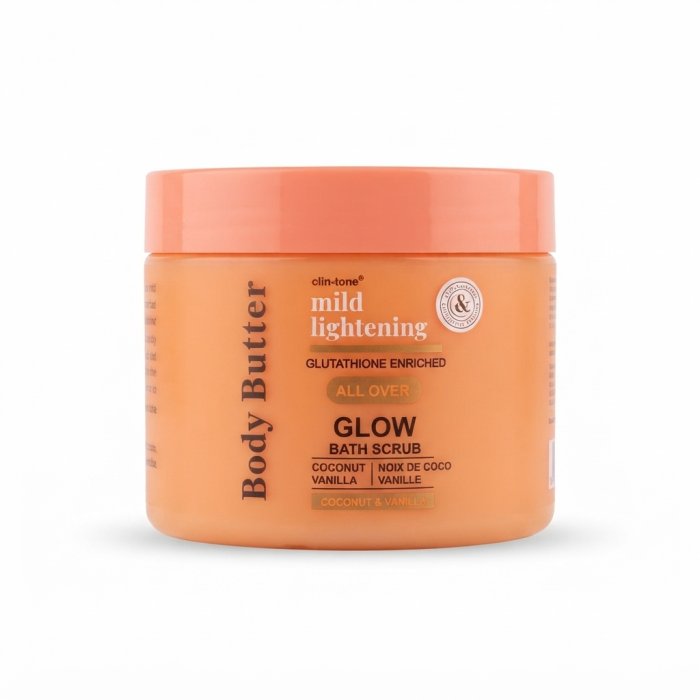Clin-tone Mild Lightening Body Butter GLOW Bath Scrub - Coconut & Vanilla[cite: 13]