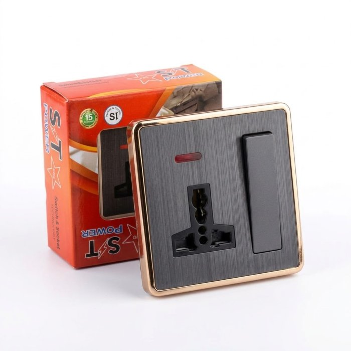 S/T POWER Black Brushed Single Switched Wall Socket