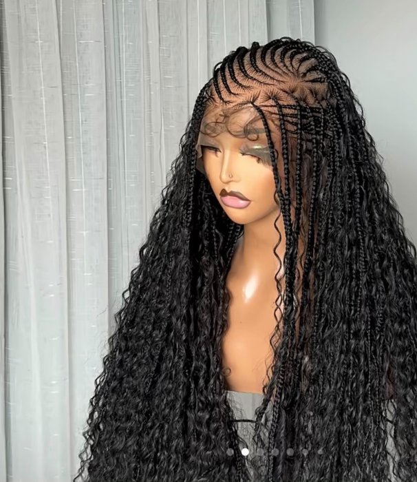 Black Feed-In Cornrow Boho Braided Lace Front Wig