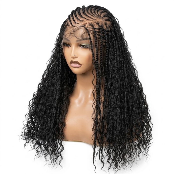 Black Feed-In Cornrow Boho Braided Lace Front Wig