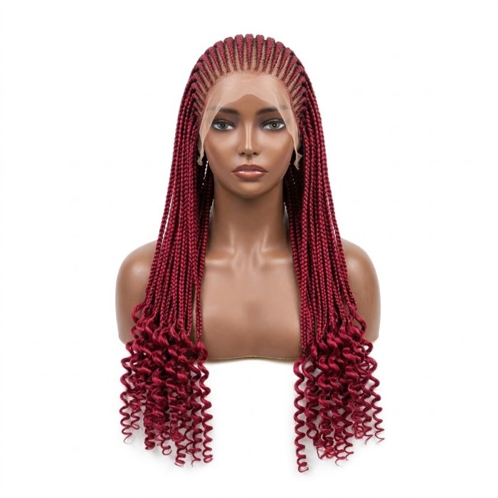 Burgundy Cornrow Braided Lace Front Wig with Curly Ends