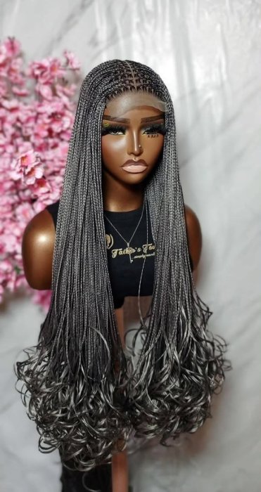 Grey Braided Lace Front Wig with Curly Ends