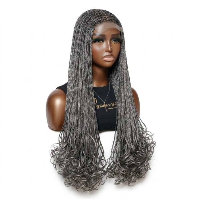 Grey Braided Lace Front Wig with Curly Ends