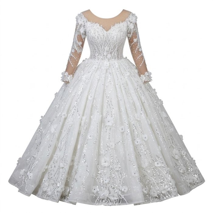 Floral Sequined Long-Sleeve Ballgown Wedding Dress