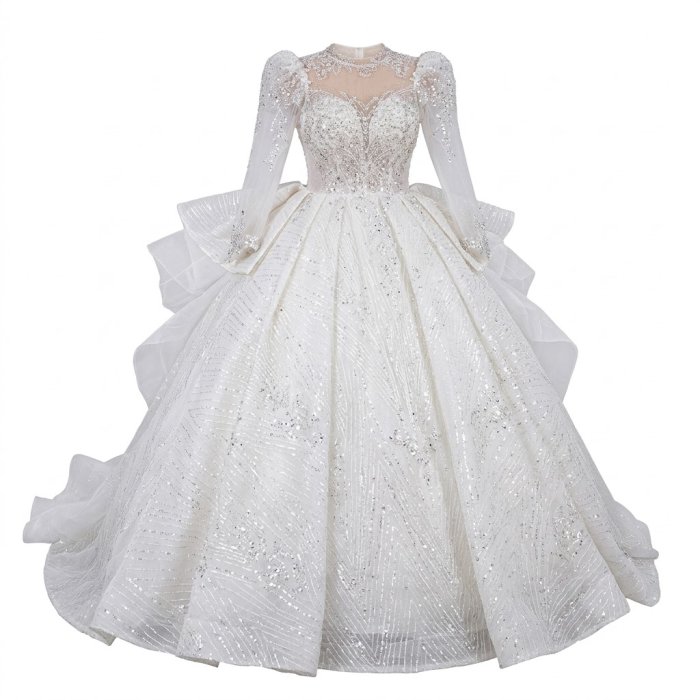 Embellished High-Neck Long-Sleeve Bridal Ballgown