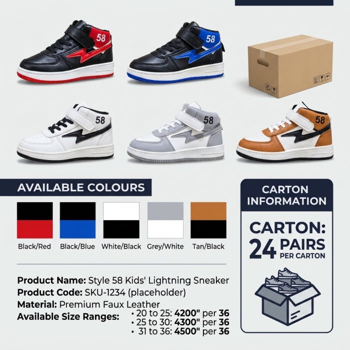 Children's High-Top Lightning Detail Sneakers (36 Pairs per Carton)