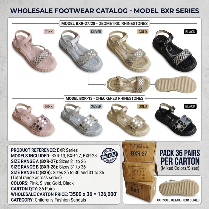 Children's Geometric Rhinestone Flat Sandals - Model BXR-27/28 (36 Pairs per Carton)