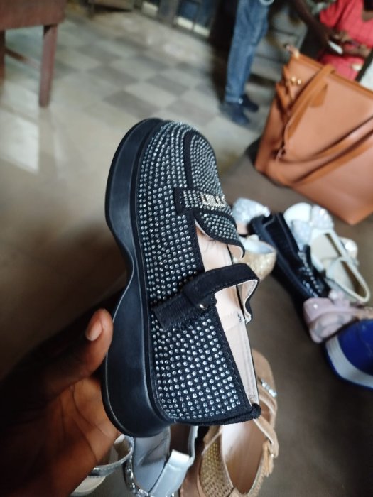 Black Rhinestone-Embellished Girls' Strap Platform Loafers (sold in wholesale cartons of 24 pairs)
