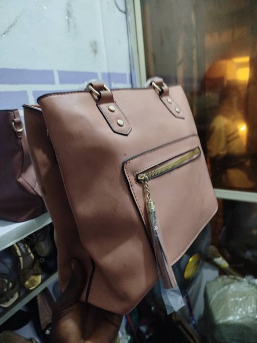Beige Textured Faux-Leather Tassel Handbag