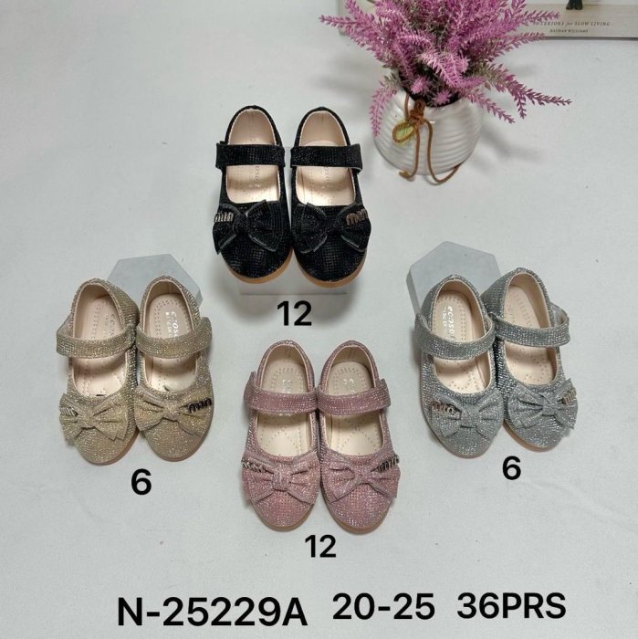 Pink Glitter Bow-Embellished Girls' Party Shoes (sold in wholesale cartons of 36 pairs)