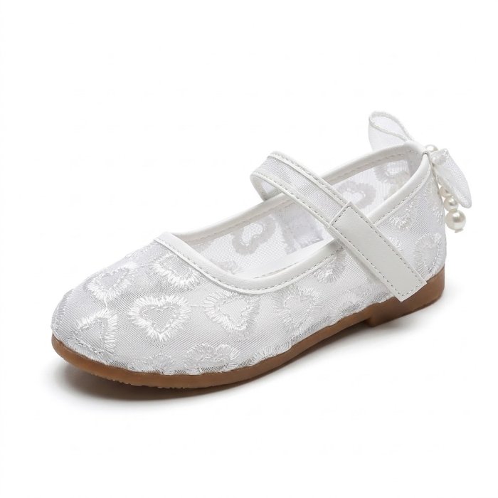 White Heart-Patterned Mary Jane Flat with Ankle Strap