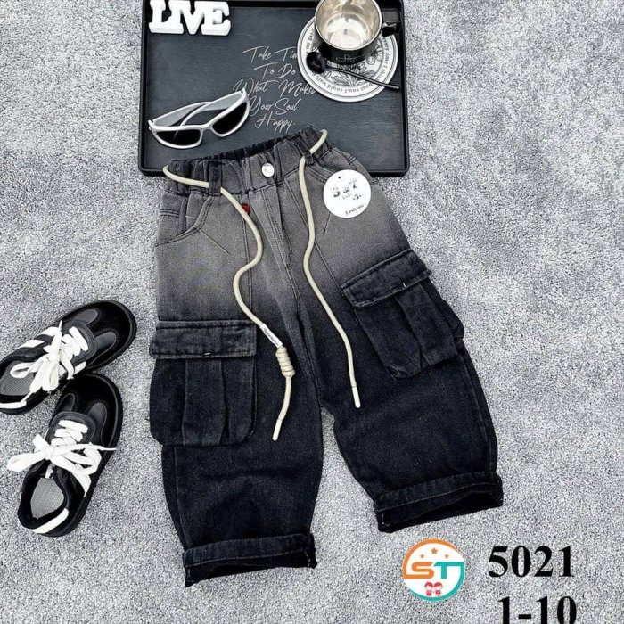 Children's Ombre Black Acid-Wash Cargo Denim Pants with Drawstring.