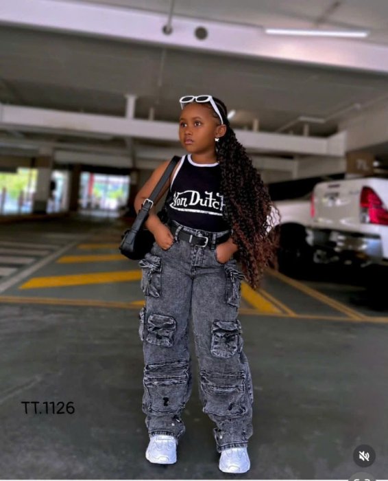 Children's Black Acid-Wash Multi-Pocket Tactical Cargo Jeans.