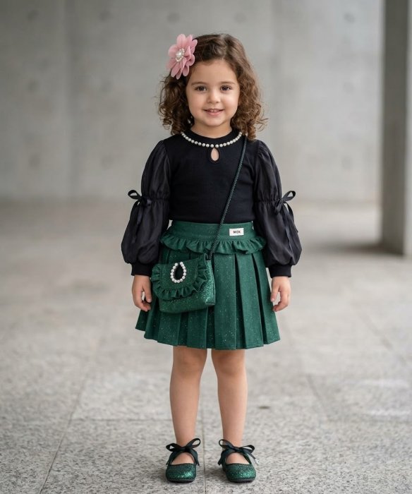 Girls' Dark Green Glitter Pleated Mini Skirt with Ruffled Waistband.