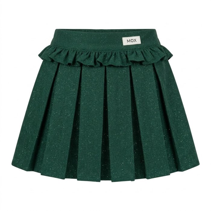 Girls' Dark Green Glitter Pleated Mini Skirt with Ruffled Waistband.