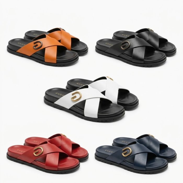 Gucci Leather Cross-Strap Slide Sandals Collection