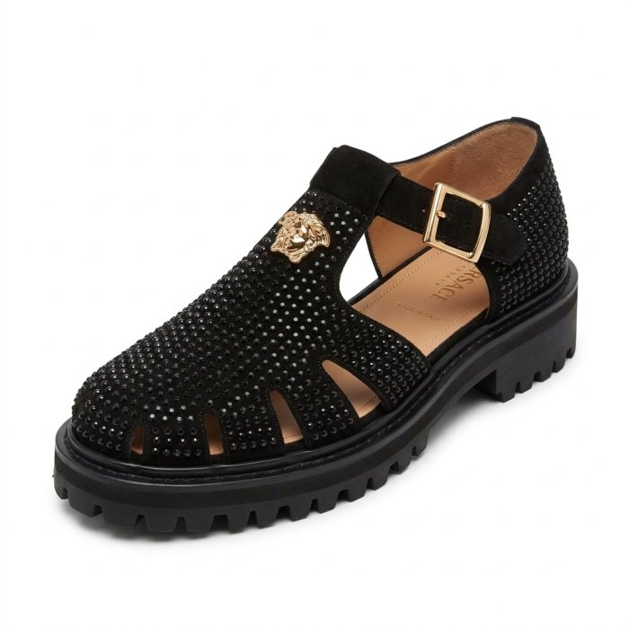 Versace Medusa Head Embellished Caged Sandals in Black, White, Red, and Navy
