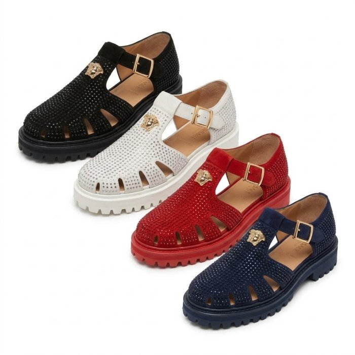 Versace Medusa Head Embellished Caged Sandals in Black, White, Red, and Navy