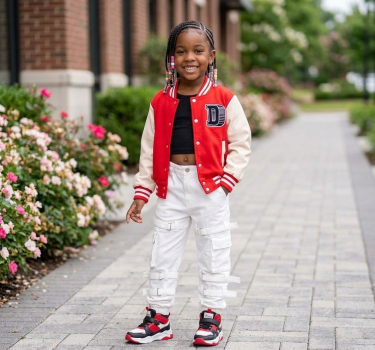 Children's Red and Off-White Letterman Varsity Jacket.
