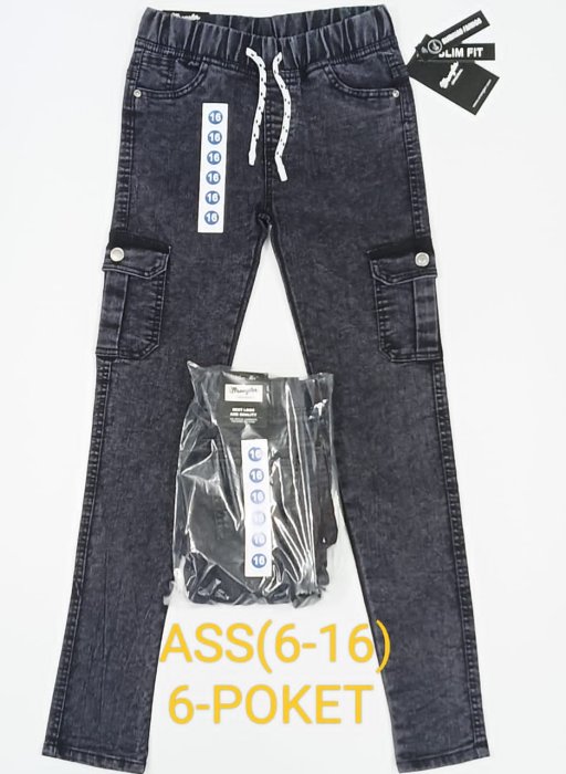 Children's Black Acid-Wash Slim-Fit Cargo Denim Jeans.
