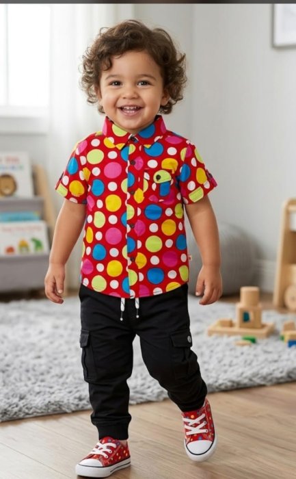 Children's Red Multi-Color Polka Dot Button-Down Short-Sleeve Shirt.