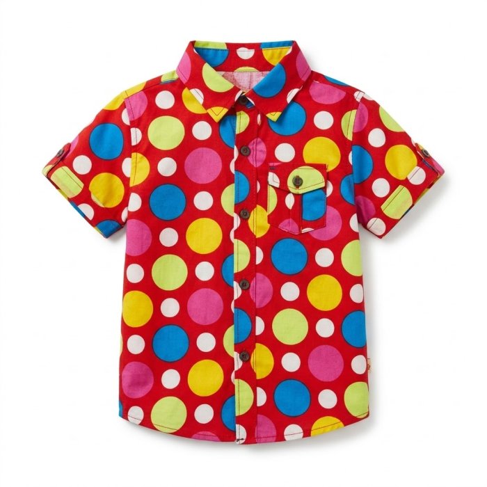 Children's Red Multi-Color Polka Dot Button-Down Short-Sleeve Shirt.
